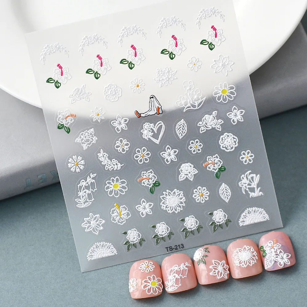 

White Series Embossed Nail Art Stickers 5D Simple Openwork Flowers Pattern Design Decor Ultra Thin Charm Sliders Manicure Decals