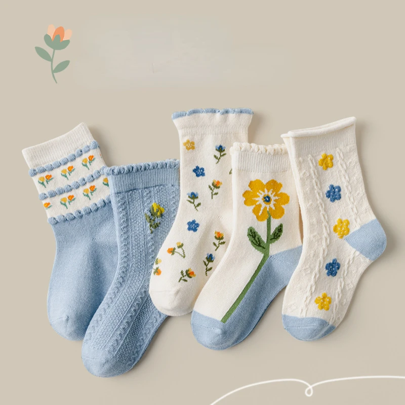 5 Pair/Lot Girls Socks Cute Floral Cotton Socks for Kids Girls 1-12 Years Princess Cartoon Flower Calf Socks Children Socks