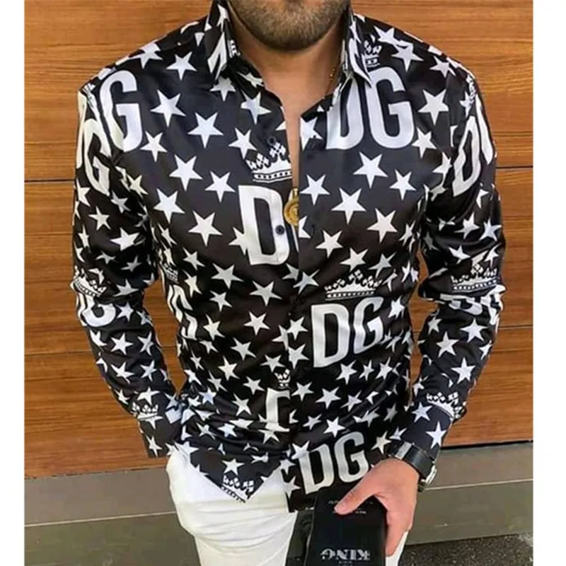

Hot Sale European American Mens Shirt Business Casual Fashion Letter Print Brand Tops Single-Breasted Cardigan Long Sleeve Shirt
