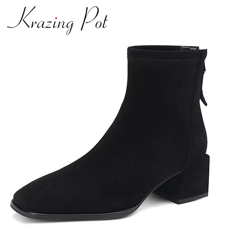

Krazing Pot Sheep Leather Square Toe Med Heels Chelsea Boots Maiden High Quality Large Size 43 Office Lady Zipper Ankle Boots