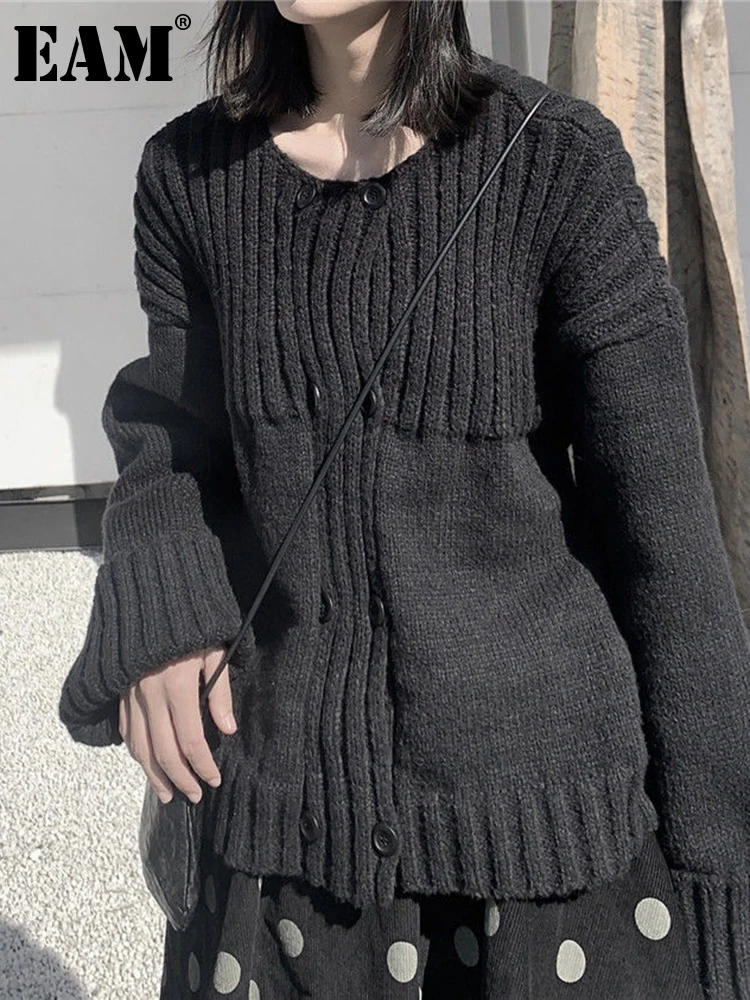 

[EAM] Black Big Size Knitting Cardigan Sweater Loose Fit O-Neck Long Sleeve Women New Fashion Tide Autumn Winter 2022 1DF1088