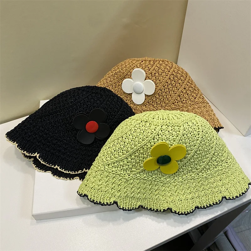 

Cute Flower Women Knitting Straw Hat Wavy Edge Foldable Bucket Hat Sun Protection Caps Girl Summer Travel Flower Beach Sun Hat
