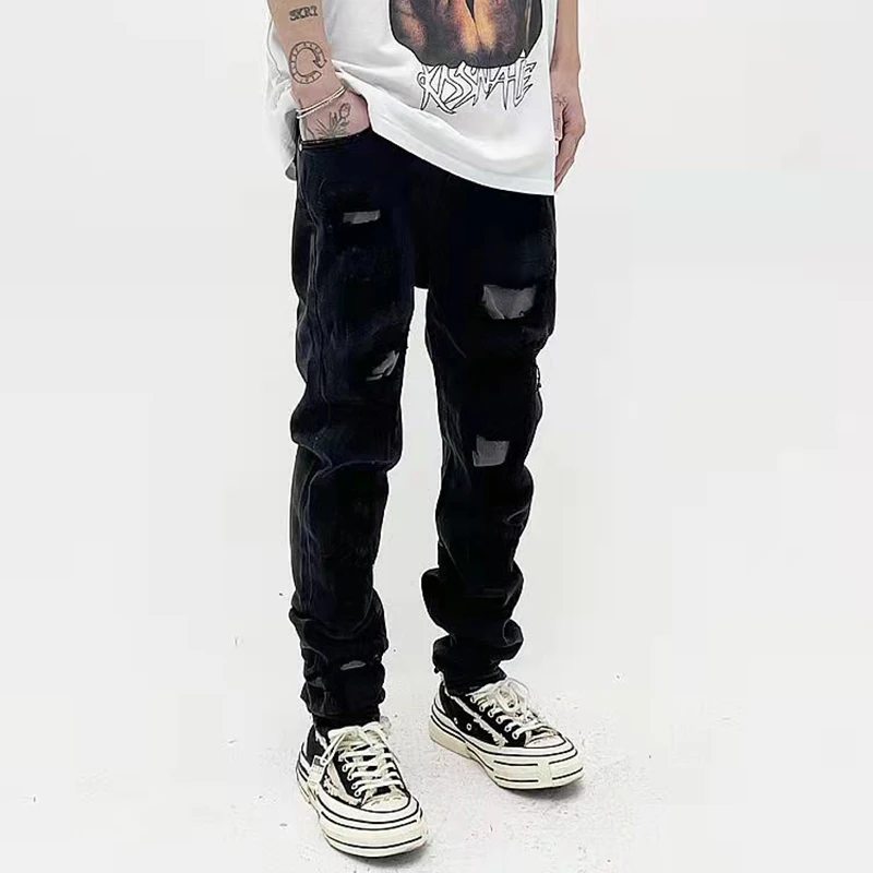 

Брюки мужские джинсовые в стиле Харадзюку, повседневные Прямые брюки из денима с дырками в стиле ретро, в стиле Vibe, черные джинсы с эффектом ...