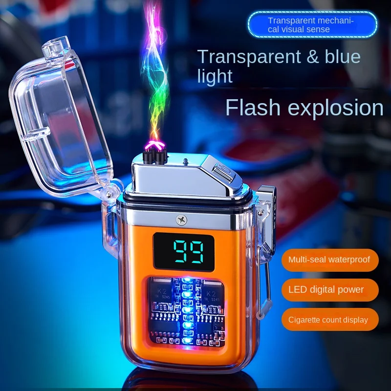 

Transparent Case Waterproof Charging Pulse Lighter Digital Display Double Arc Cigarette Lighter Gadgets for Men Smoke Accesoires
