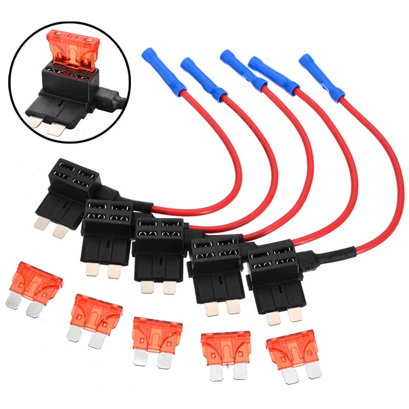 

5pcs 12V 24V Car Fuse Tap Holder 10Amp Add A Circuit Standard Blade Fuse Tap Holder with 5 ATO ATC Blade Fuses