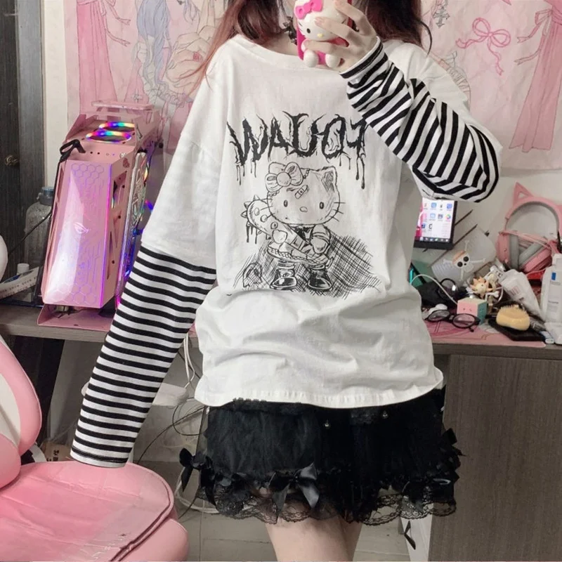 HOUZHOU Japanese Style Anime T-shirt Women Kawaii Harajuku Patchwork Long Sleeve T-shirts Fake Two Piece Goth Cute Tops E Girl