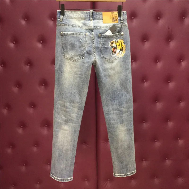 

High New 2021 Classical Vintage Morden Blue Luxurious Embroidered tiger jeans Cotton Denim Pants comfort casual 28-38 #N405