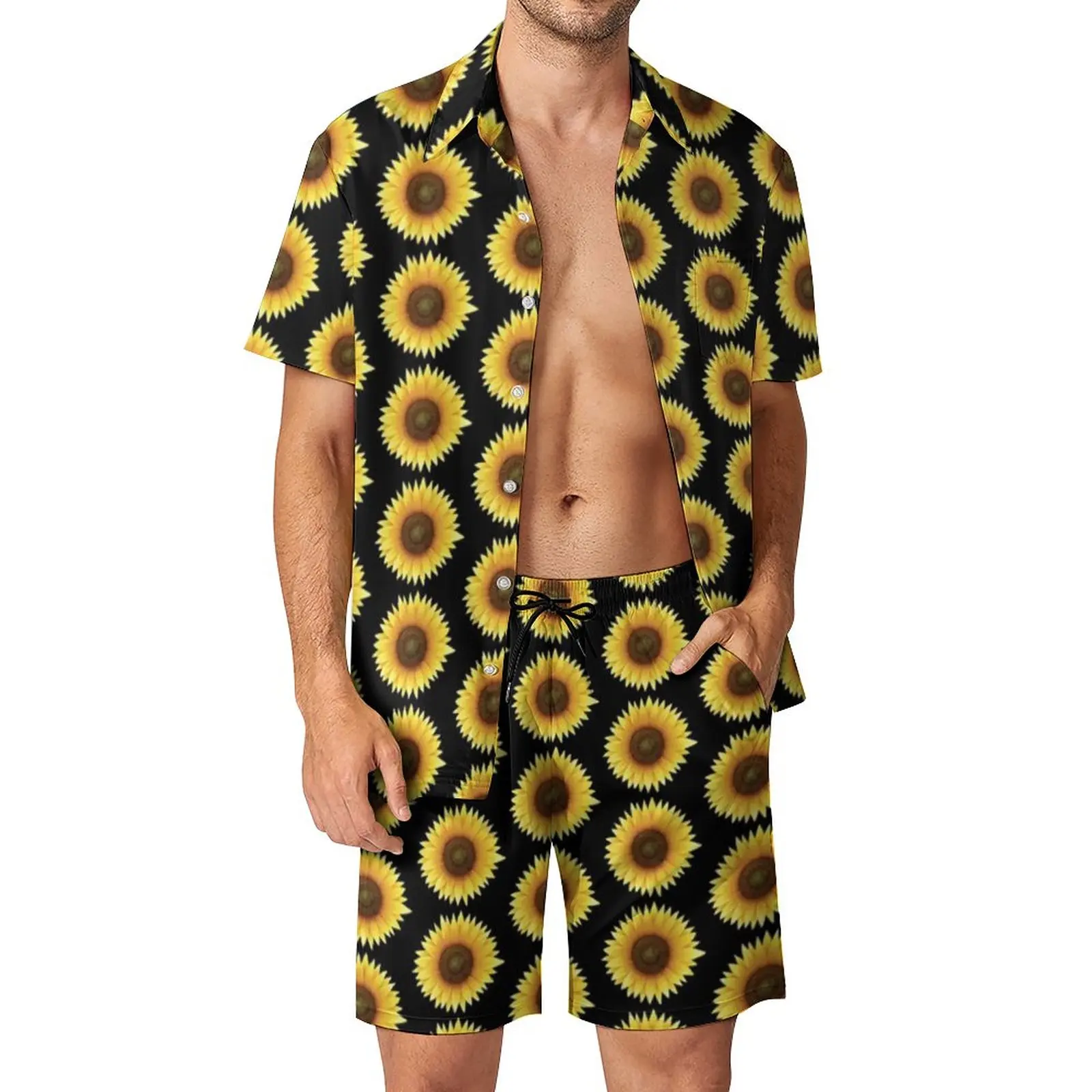 

Sunflower Print Men Sets Flower Sunshine Casual Shorts Summer Hawaii Beach Shirt Set Short-Sleeved Custom Oversized Suit Gift