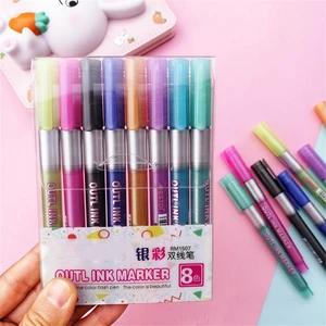 Marker Pen for Highlight Double Line Outline Pens 8 Colors Self-Outline Glitter Writing Drawing Pens for Card EM88