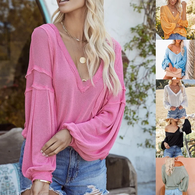 

Women Blouse V Neck Loose Pullover Lantern Sleeve Knit Sweater Thin Casual Tunic Solid Color Shirts