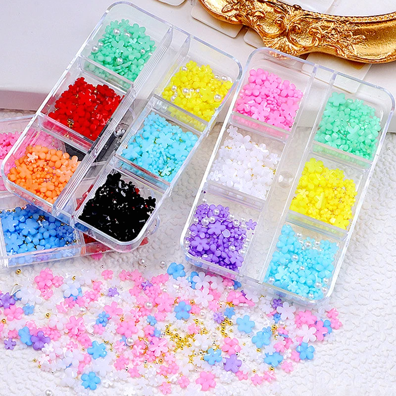 

6 Grids 3D Acrylic Flower Nail Parts Mixed Pearl Steel Caviar Beads Charms Design Nail Art Decoration DIY Jewelry Accessories