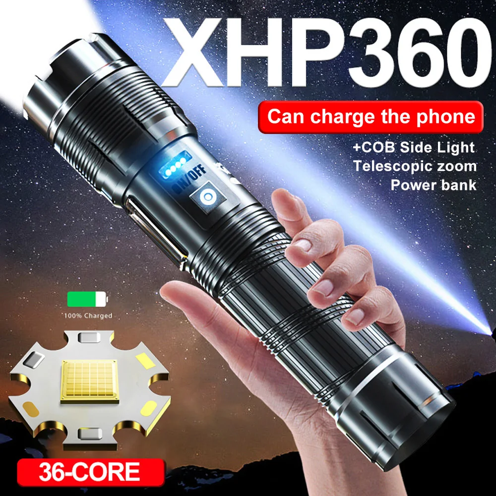 

XHP360 High Power LED Flashlights With zoom Super Bright Outdoor Camp Light Long Shot Tactical Flashlights Emergency Power Bank