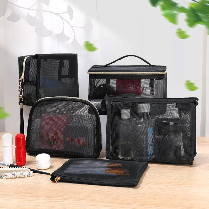 

Black Mesh Makeup Bag Women Transparent Cosmetic Bag Small Large Portable Storage Bags Travel Toiletries Wash Organizer Pouch