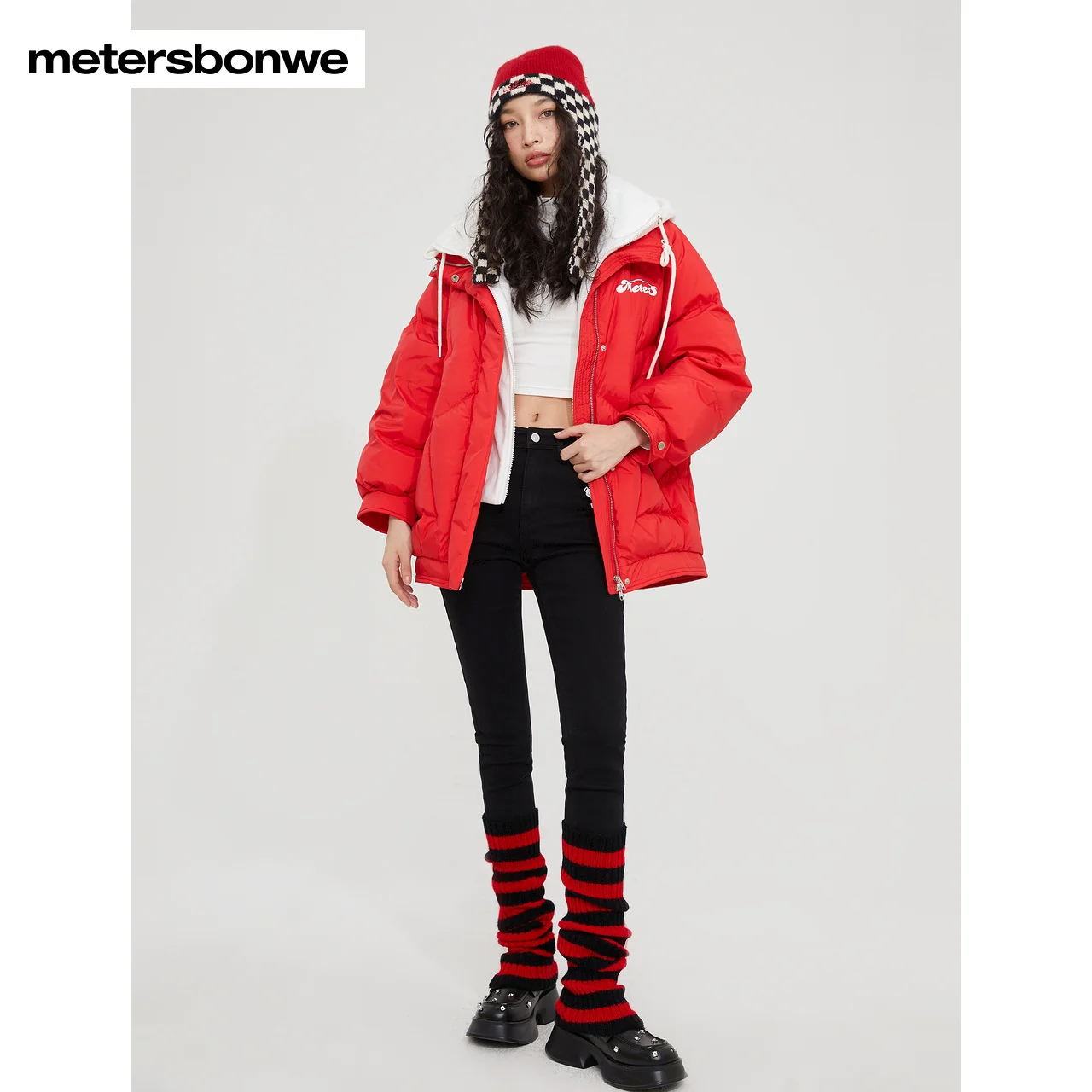 Metersbonwe Women's 22New Winter Coral Fabric False Two Down Jackets 80%Duck Down Thick Short Hooded Warm Wear Fashion Outwear