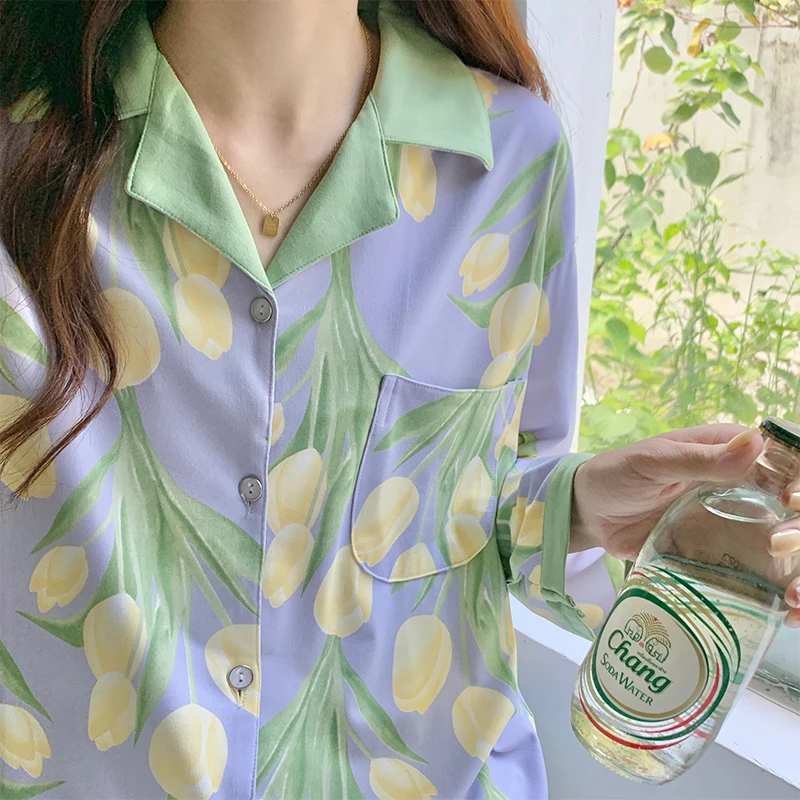 Long sleeve Pajamas Women Summer Sweet Pure Cotton New Tulip Spring and Autumn Winter Student Home Wear Set