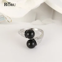 roru double black white pearl adjustable original silver color zircon for womens finger ring fashion jewelry 202