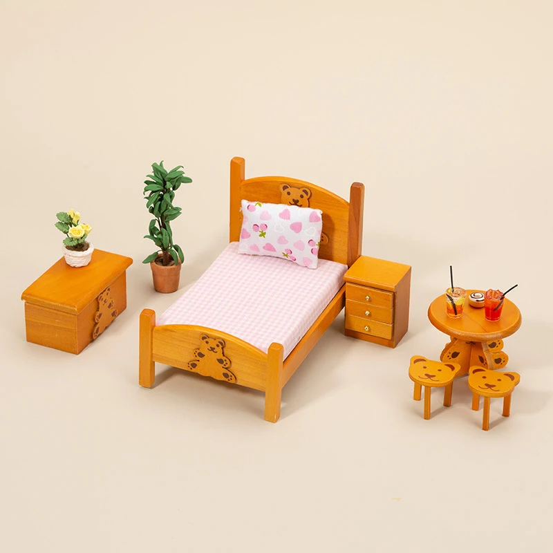 

1: 12 Miniature Family Dollhouse Furniture bedroom Model Toy decoration set bed table cabinet Doll Accessories For Girl Gift