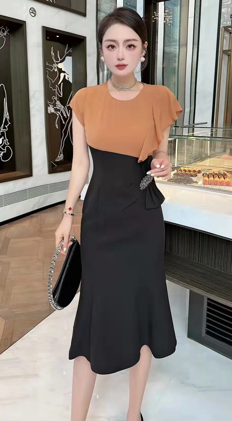 

Женское вечернее платье миди, элегантное оранжевое и черное облегающее платье большого размера XXXL, украшенное бусинами, лето 2023