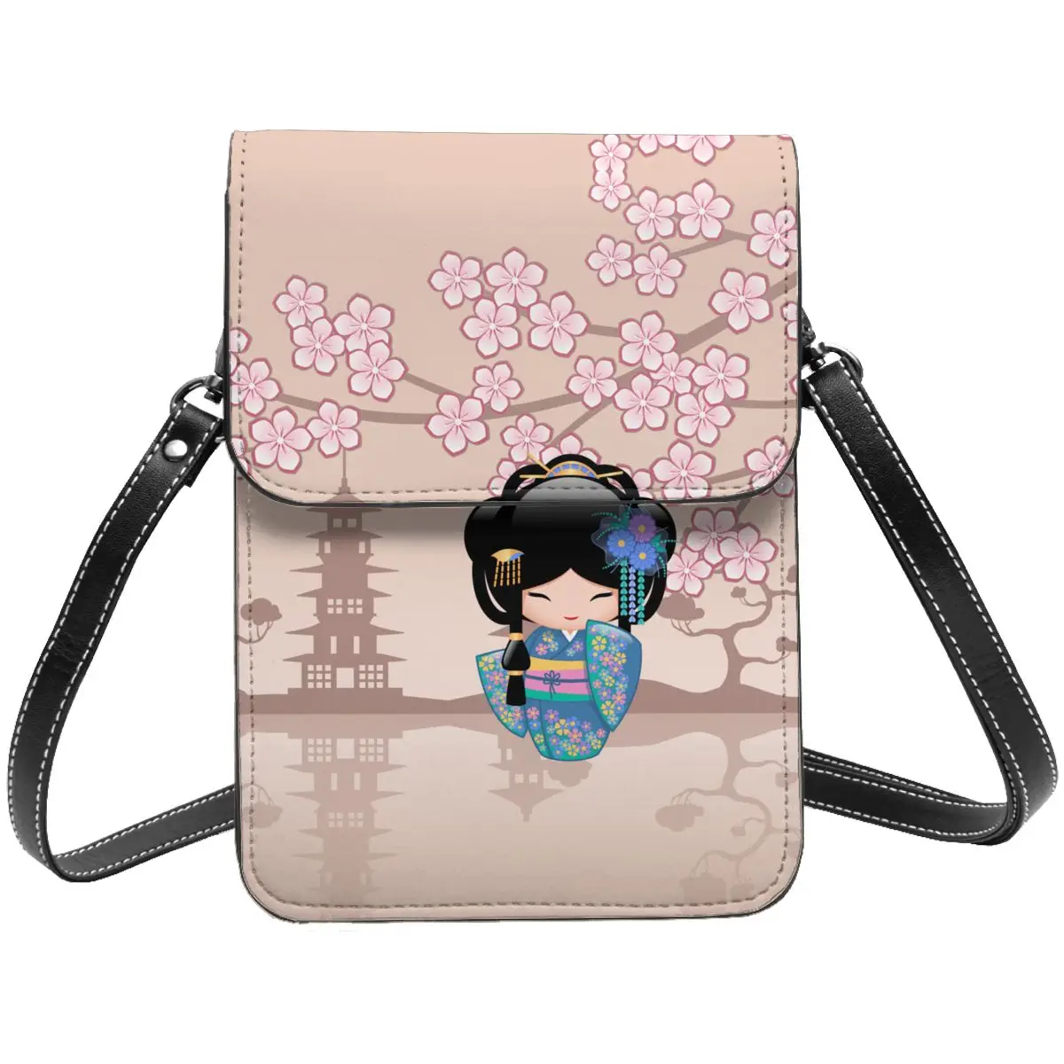 

Japan Kokeshi Doll Kimono Geisha Girl Cell Phone Purse Leather Card Holder Fashion Girl's Cherry Flower Mini Shoulder Bag