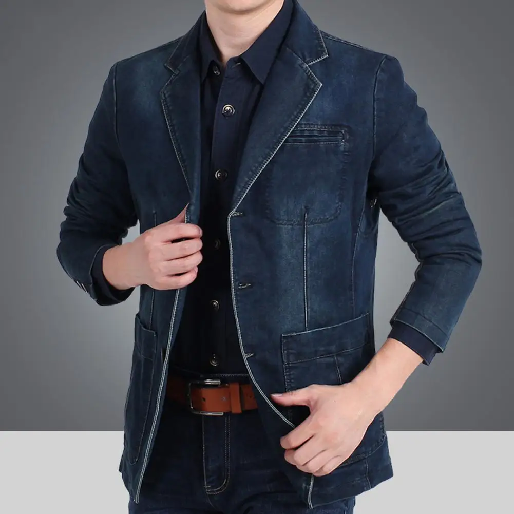 

Temperament Trendy Slim Fit Three Buttons Denim Blazer Cool Suit Jacket Long Sleeves Streetwear