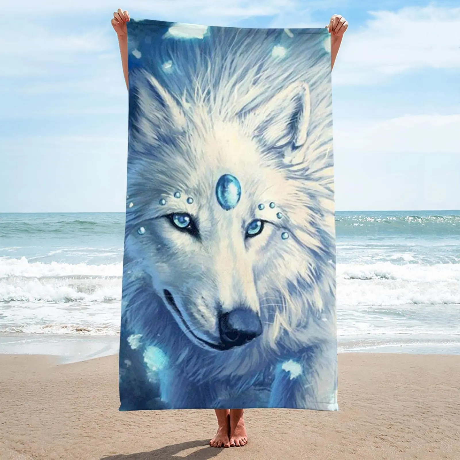 

Beach Towel Snow and White Wolf Microfiber Quick Dry Sport Gym Large Bath Towels Sauna Yoga Travel Picnic Blankets for Women Men