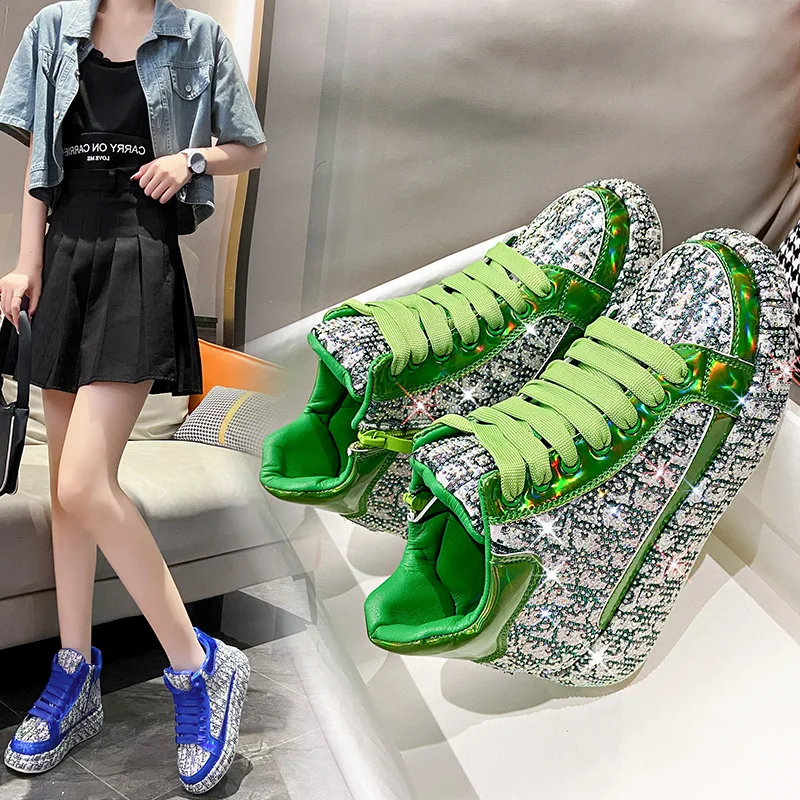 

Full Rhinestone Platform Women's In Summer Autumn 2023 New Rhinestone Color Matching Embroidery Leisure High-top Sports Shoes
