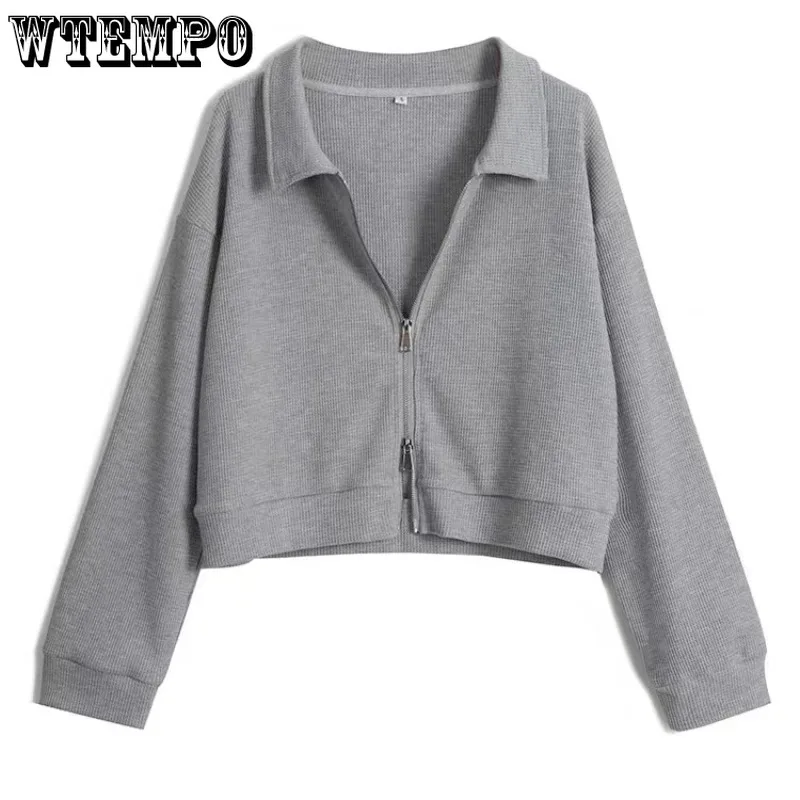 

Серый кардиган на молнии, тонкое пальто, женские толстовки с длинным рукавом, Свободный Повседневный короткий топ с воротником-поло и ортопедическими плечами, корейская мода на осень