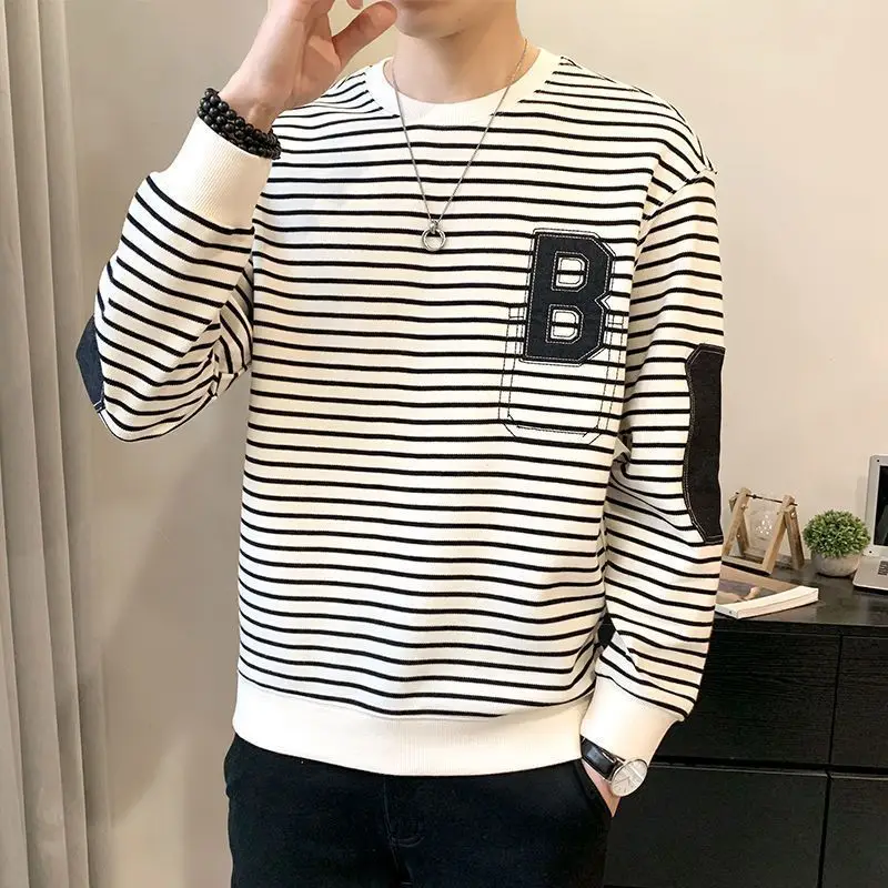 Свитшот мужской в полоску Модный Универсальный простой Повседневный пуловер с