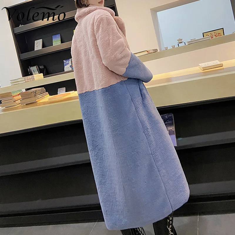Volemo 2023 Winter Women High Quality Faux Rabbit Luxury Long Fur Coat Lapel OverCoat Thick Warm Female Plush Jacket Plus Size