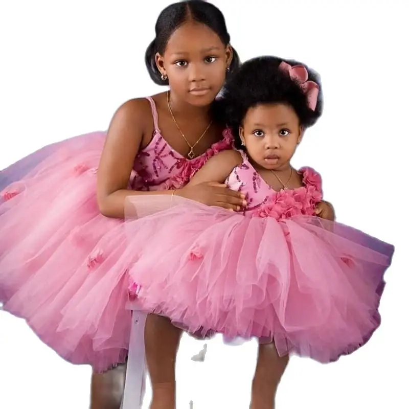 

Flower Girls Dresses For Weddings Champagne Tulle Appliques Tea Length A Line Girls Pageant Gowns Zipper Back Customized Kids Pa