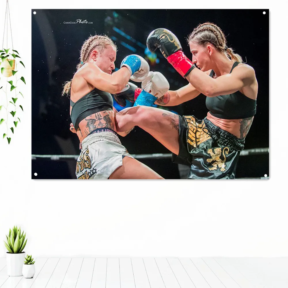 

Female Boxer Peak Match Physical Exercise Decorative Banner Flag Boxing Muay Thai Kickboxing Training Poster Tapestry Gym Decor