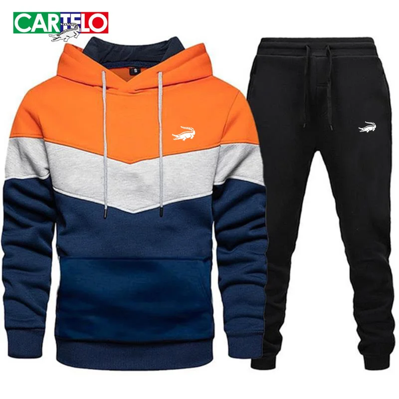 2023 New Cartelo printed men's fleece hoodie sports casual long-sleeved warm autumn and winter hoodie+trousers set