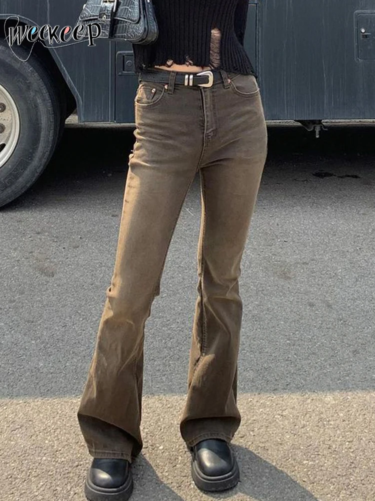 

Weekeep Vintage Brown Flared Jeans Streetwear Casual Low Rise Skinny Elastic Denim Pants Chic Women Trousers y2k Retro Mom Jeans