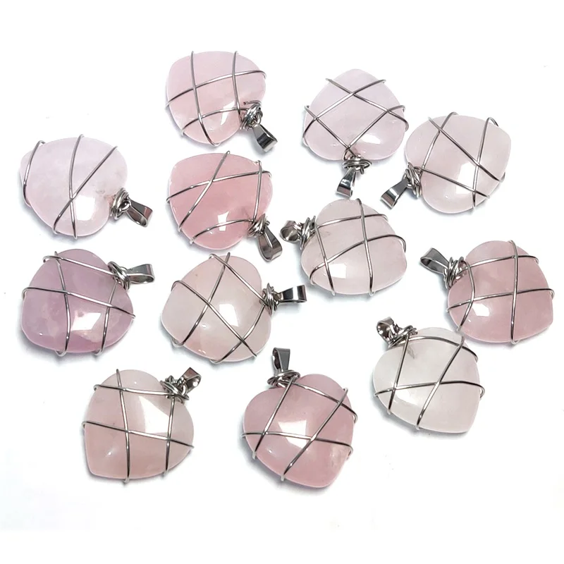 

12pcs Natural Rose Pink Quartz Stone Wire Wrap Heart Pendant Charms DIY Earrings Necklace Jewelry Making