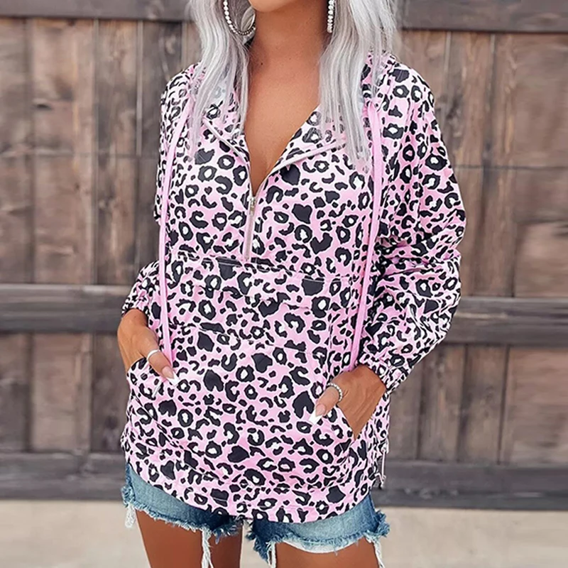 

Autumn Female Zip Long Sleeve Outwear Tops Women Winter Cardigan Streetwear Fashion Leopard Print Drawstring Sweatshirts Coat