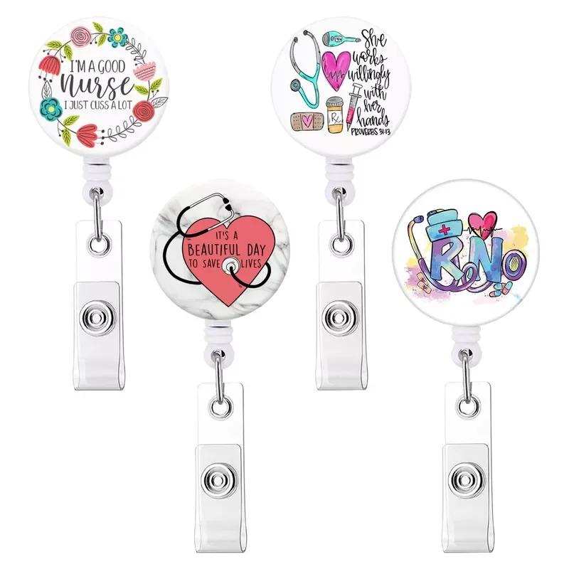 

Doctor Nurse Cartoon Flower Heart Pattern Retractable Lanyard Badge Reel Easy Pull Buckle ID Name Badge Holder Chest Pocket Clip