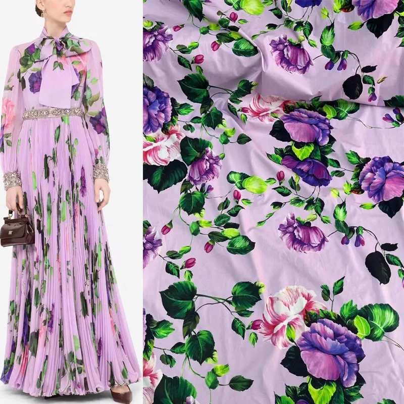 

European And American Purple Flower Printed Cotton Or Chiffon Fabric For Women Dress Blouse Pants Handmade DIY Cloth Sewing