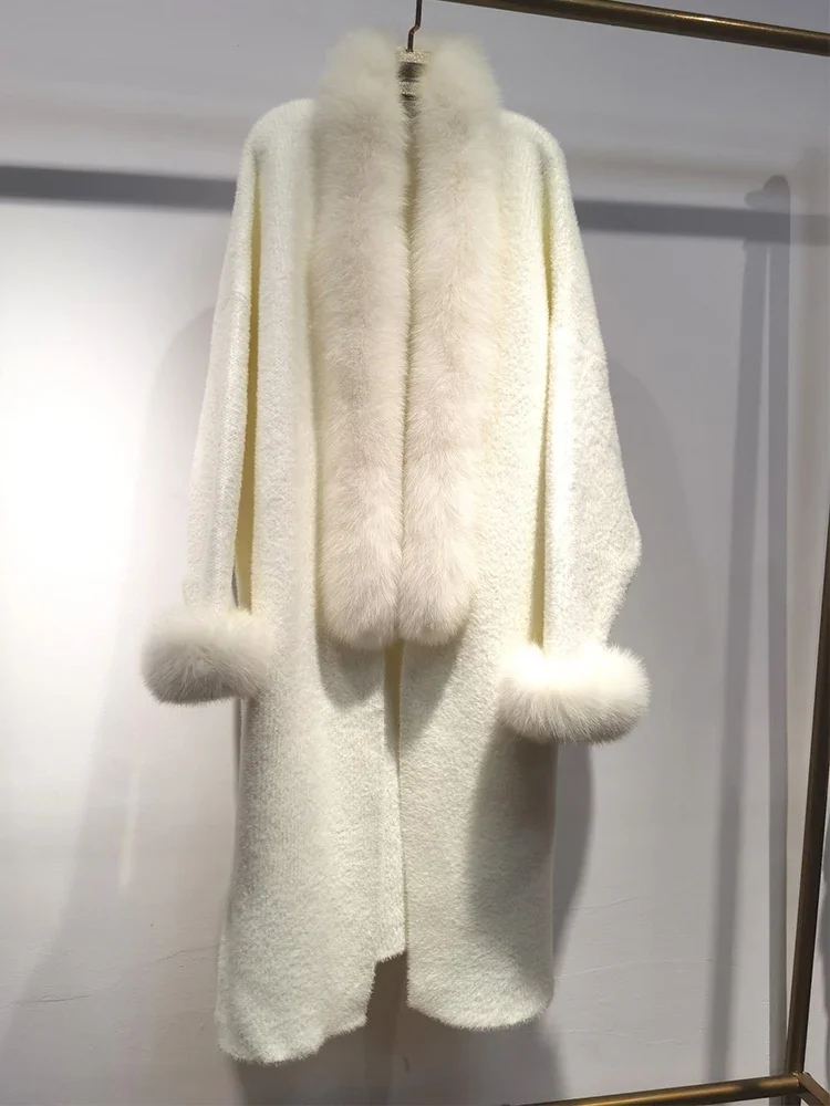 

Fashion 2023 Winter Women Real Fox Fur Collar Cuff Knitting Sweater Coat Thickened Warm Long Sweater Luxurious Fur Integrated