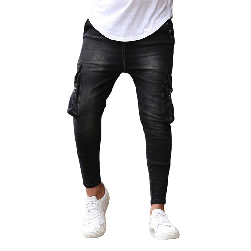 Men's Cargo Jeans Men Slim-Fit Hip Hop Ripped Jeans Man Casual Pencil Denim Long Pants Fashion Streetwear Skinny Jeans Male