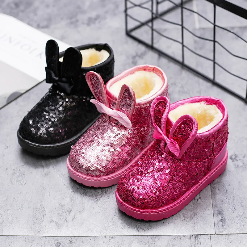 

2022 New Winter Children Snow Boots Sequined Rabbit Ears Cute Girls Boots Baby Snow Boots Waterproof Warm Hot Fashion Shoes chic