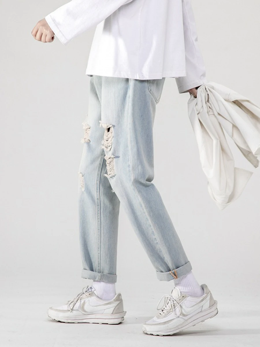 Spring and Autumn Korean Version Men's Ripped Straight Jeans Casual Nine-point Pants Fashion Streetwear Men's Ins Hot Sale JEANS