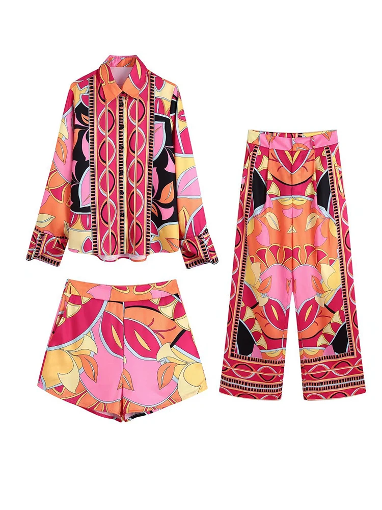 2022 Summer Women Bermuda Printed Blouses+ Short + Pant Set New Turn Down Collar Long Sleeve Tops High Waist Girl Outfits 3 Pcs