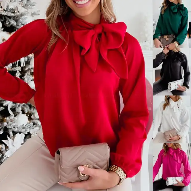 

Женский Однотонный пуловер с бантом на шее, Офисная рубашка красного, черного и белого цветов, топы для работы на осень и весну, 2022