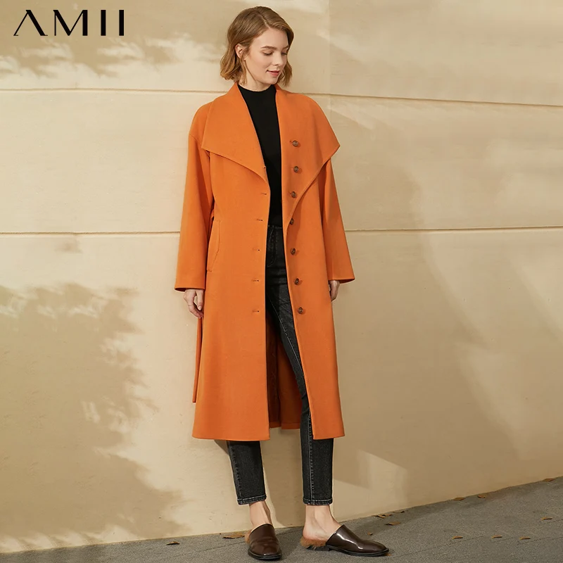 

Amii Minimalism Winter Vintage Women Coat Fashion Solid Lapel Belt Single-breasted Long Female Woolen Coat 12040931