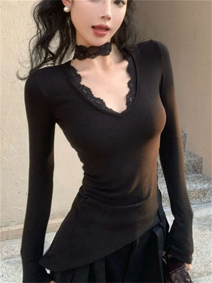 Женская Кружевная футболка с V-образным вырезом и длинным рукавом