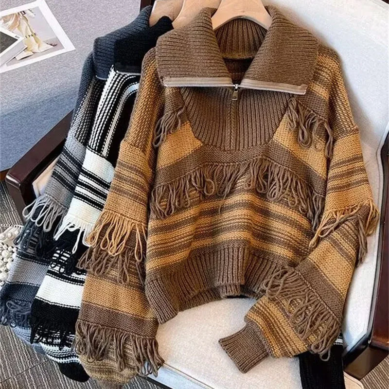 Весенне-осенний новый женский модный свободный вязаный ретро полосатый свитер с