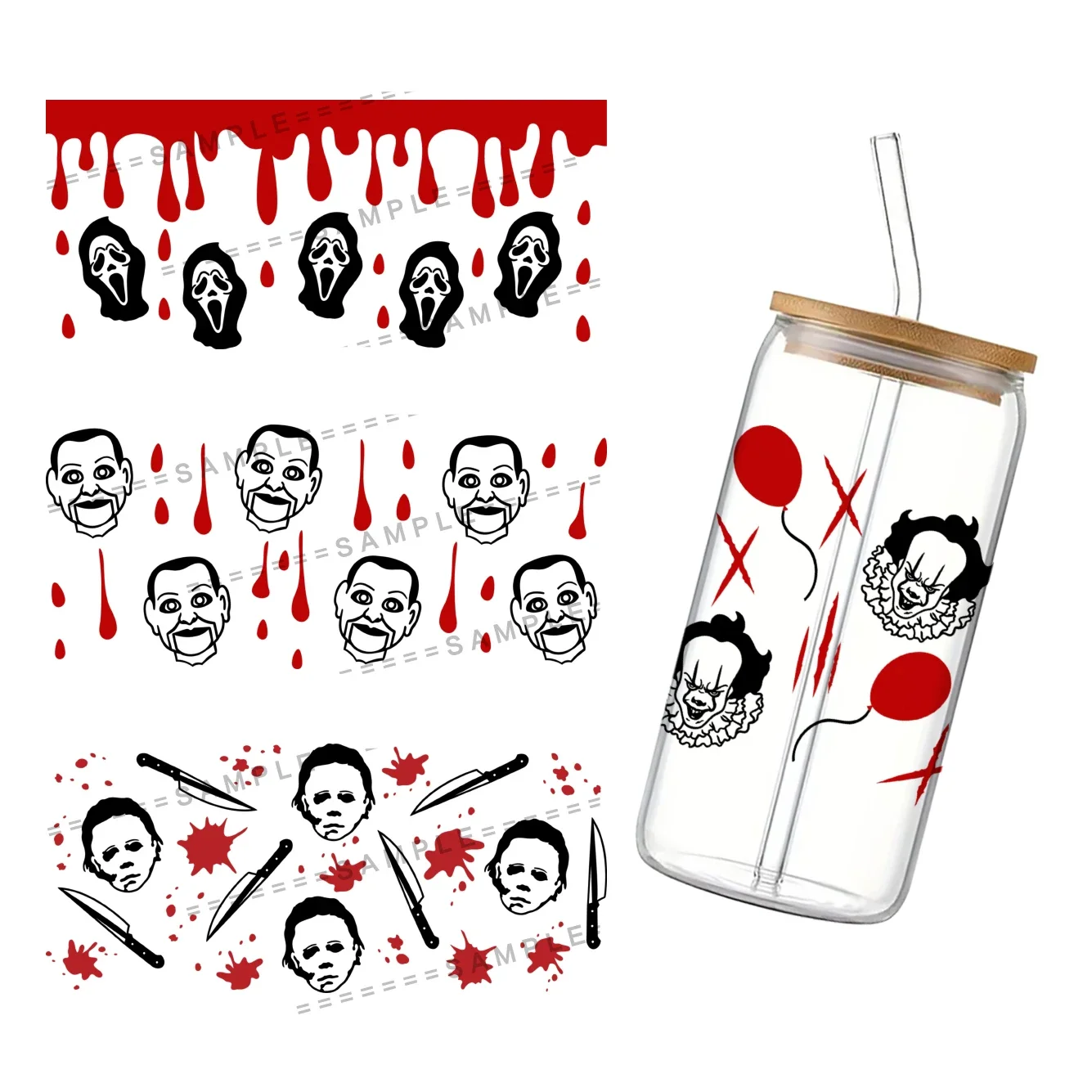 3d-пленка из фильма ужасов водонепроницаемая УФ DTF для 16 унций Libbey Glass Can DIY