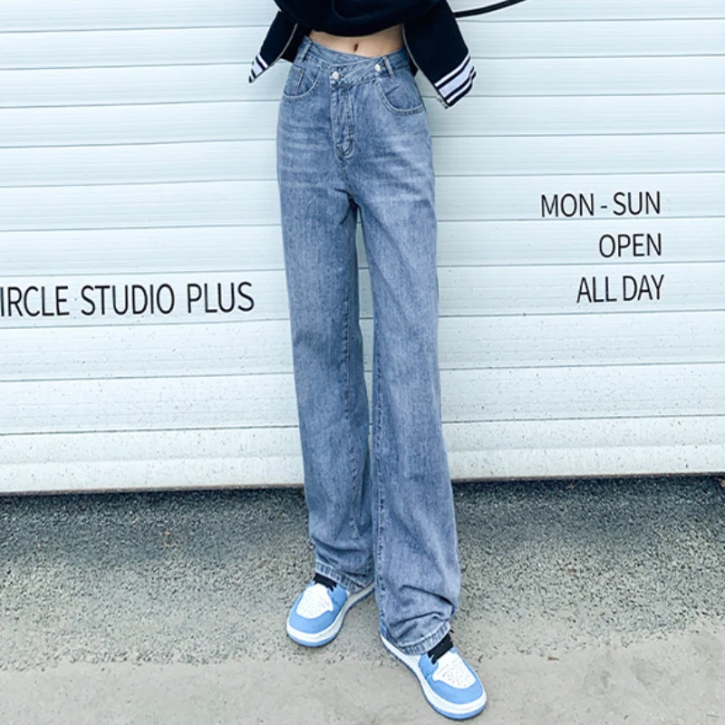 Autumn New Loose and Thin Mopping Pants Cross Irregular Waist Design All-match High Waist Wide Leg Denim Trousers Women Y2K