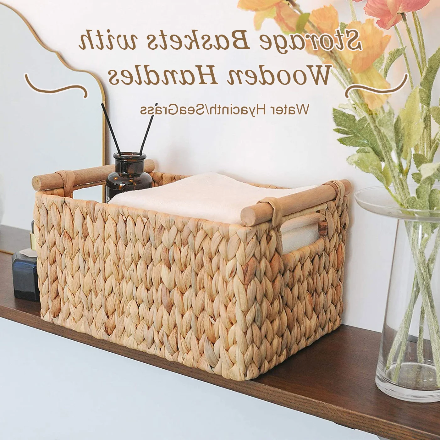 

Bathroom Accessories Storage Baskets Water Hyacinth Cosmetic Makeup Wicker Wooden Handles Hand-Woven Kitchen Organizer