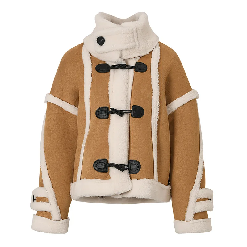 KoHuiJoo 2022 Winter New Lambswool Outerwear Women Stand Collar Suede Fashion Loose Thick Cotton Padded Coat Woman Horn Buckle